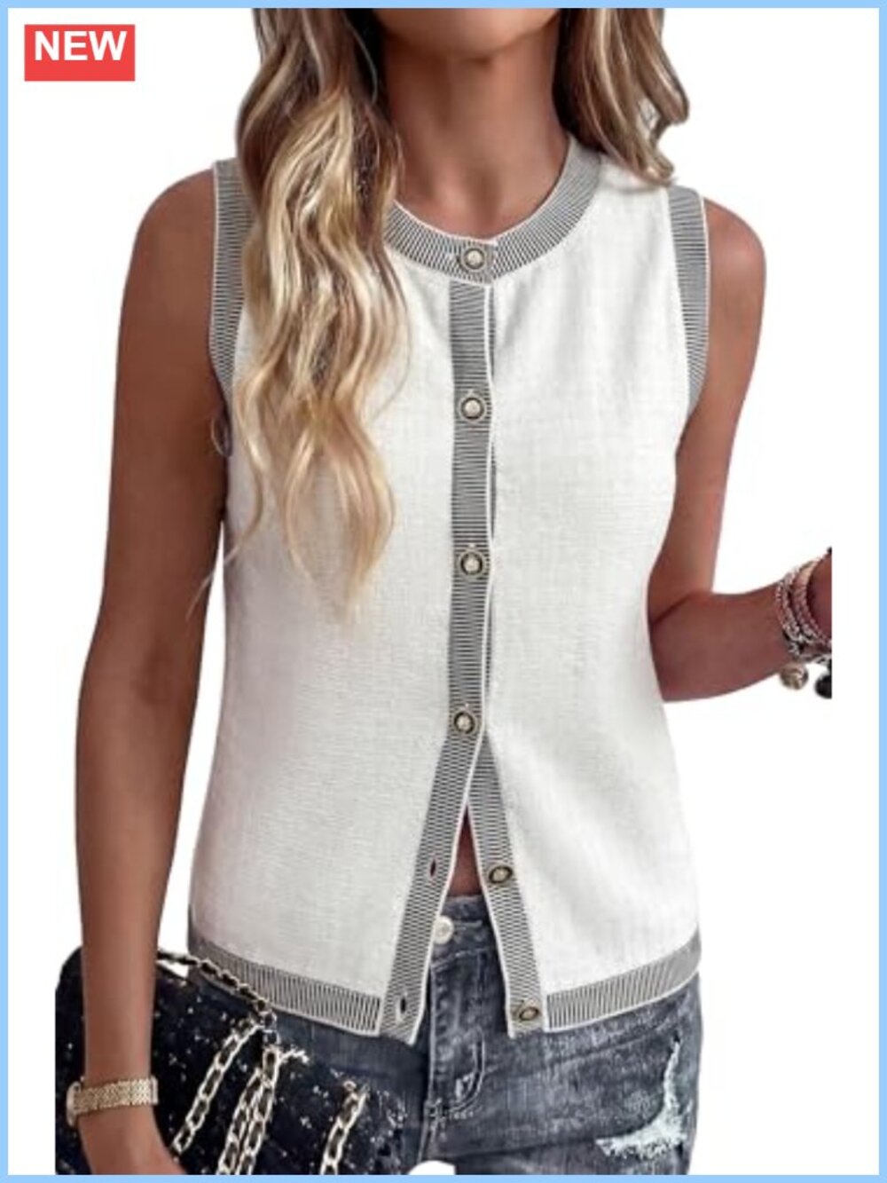 100% Cotton Button Front Sweater Vest Crewneck Sleeveless Knit Top